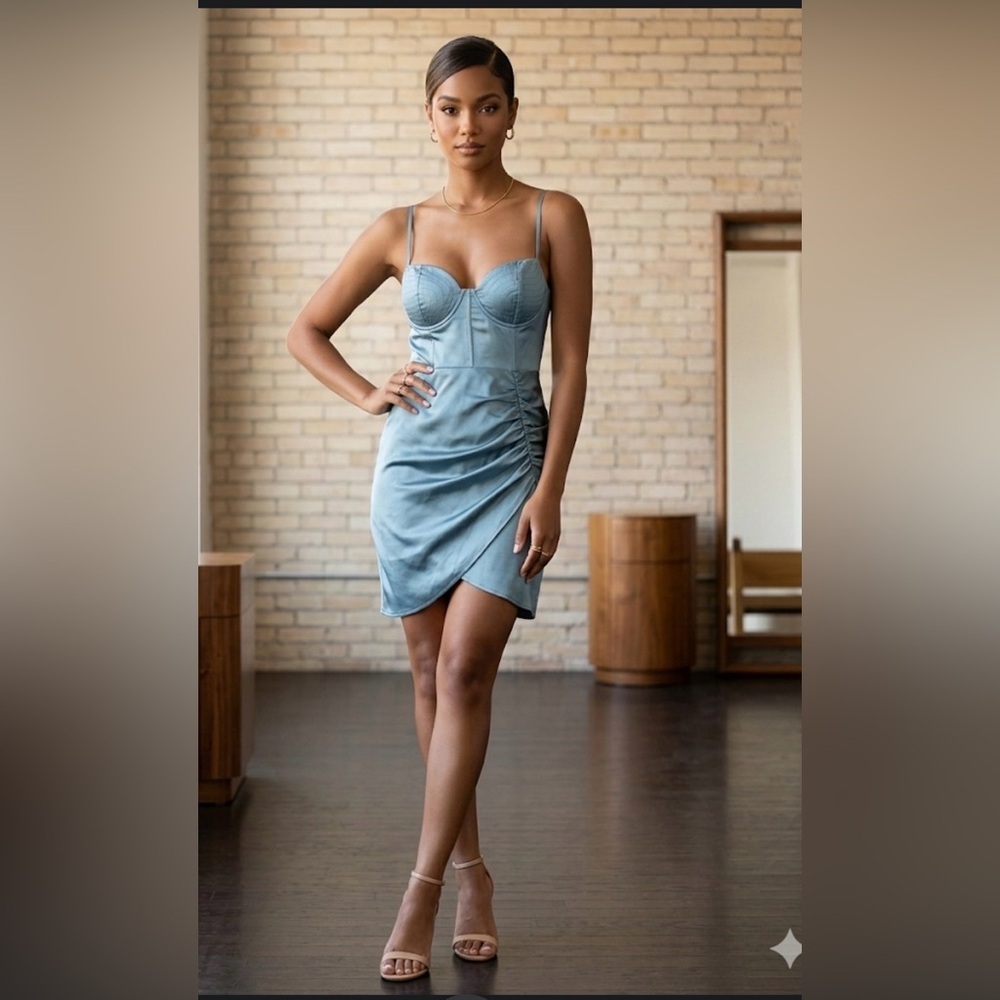 Steel Blue Satin Ruched Bustier Mini Dress
